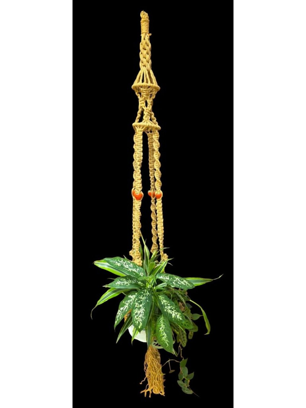Vintage 60" Macrame Hanging Plant Holder Ceramic Strawberry Accents Cottagecore